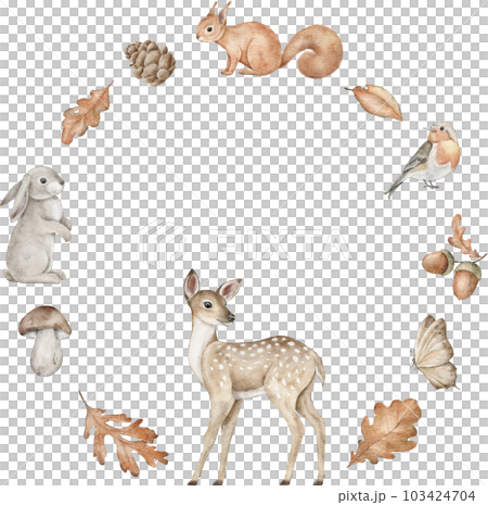 Woodland animals frame with circle place for text. Deer, bunny, Squirrel, pine cone, leaves, boletus and acorn for baby shower, newborns, invitation, greeting cards 103424704