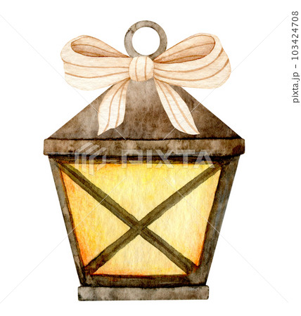 Watercolor brown glowing Christmas lantern with bow. Hand-drawn illustration isolated. 103424708