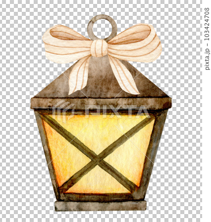 Watercolor brown glowing Christmas lantern with bow. Hand-drawn illustration isolated. 103424708