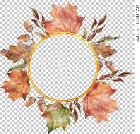 Watercolor fall leaves gold frame. Hand drawn maple and oak leaves illustration 103424734