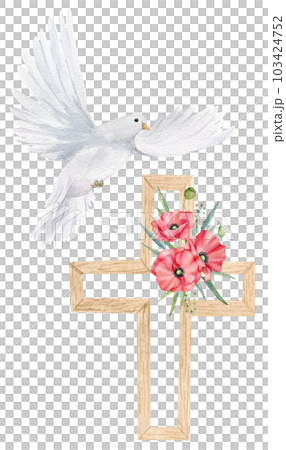 Watercolor illustration for Remembrance Day, Anzac Day. Hand drawn white dove with red poppy flower and wooden cross. 103424752