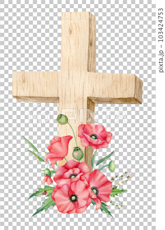 Watercolor illustration for Remembrance Day, Anzac Day. Hand drawn red poppy flowers and wooden cross. Lest we forget 103424753