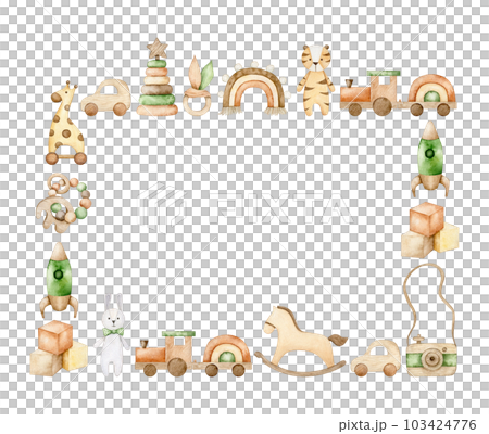 Rectangular frame of childrens wooden toys, newborn teething toys, rocking horse, rocket, rainbow. Watercolor Eco baby toys. Nursery decor. Hand drawn illustration for card, invitation, baby shower Rectangular frame of childrens wooden toys, newborn teething toys, rocking horse, rocket, rainbow. Watercolor Eco baby toys. Nursery decor. Hand drawn illustration for card, invitation, baby shower 103424776