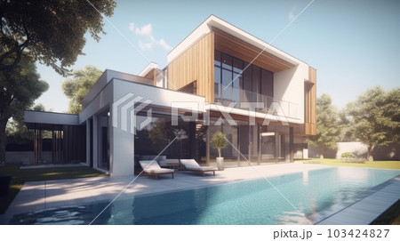 A modern two-story, minimalist high-tech style villa with huge panoramic windows, a spacious terrace, a swimming pool and sun loungers. A modern two-story, minimalist high-tech style villa with huge panoramic windows, a spacious terrace, a swimming pool and sun loungers. 103424827