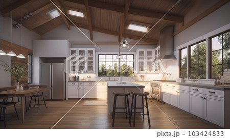 Modern spacious country style kitchen with dining area. White cabinets, kitchen island with worktop and bar stools. 103424833