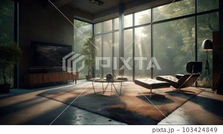 Modern luxury minimalist loft style living room. Comfortable leather armchair, coffee table, vintage carpet, large flat screen TV. Panoramic windows with magnificent views of the garden. Modern luxury minimalist loft style living room. Comfortable leather armchair, coffee table, vintage carpet, large flat screen TV. Panoramic windows with magnificent views of the garden. 103424849