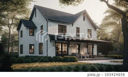 Large modern two-storey country house in European Scandinavian style with white siding walls and black roof. Neatly trimmed lawn, decorative bushes, bright morning light. 103424856