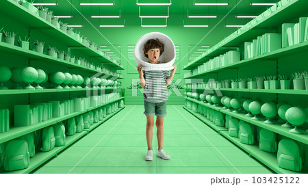 Funny boy, first grader with curly hair standing alone surrounded school supplies over 3D model of supermarket background. Big sales season, education 103425122