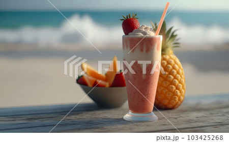Close up of smoothie frappe fruits juice with other fruits, strawberries, orange, pineapple, sorbet, and peach on wooden table at summer beach an sea vacation background, with Generative AI. Close up of smoothie frappe fruits juice with other fruits, strawberries, orange, pineapple, sorbet, and peach on wooden table at summer beach an sea vacation background, with Generative AI. 103425268
