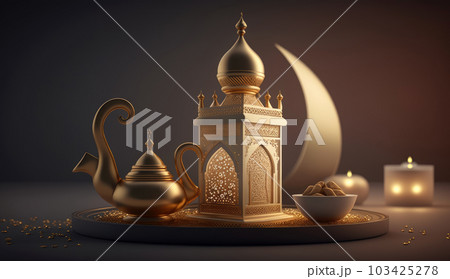 Islamic holiday Ramadan kareem event background, decorate with Arabic lantern, moon, crescent, and mosque dome, festive greeting card design, Eid Mubarak scene, with Generative AI. 103425278