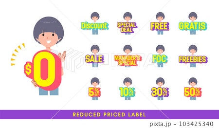 お得な表記を持つTシャツマッシュヘア女性のセット。英語。編集が容易なベクターアートです。 103425340