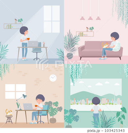 部屋でくつろぐTシャツマッシュヘア女性のセット 部屋でくつろぐTシャツマッシュヘア女性のセット 103425343