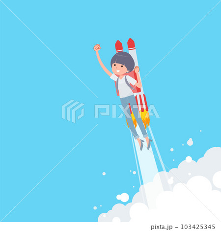 ロケットジェットで飛び立つTシャツマッシュヘア女性のセット 103425345