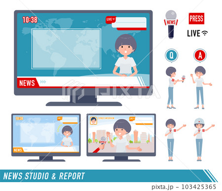 ニュース番組に出演するTシャツマッシュヘア女性のセット 103425365