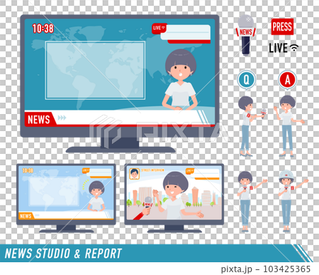 一組出現在新聞節目中的 T 卹混搭頭髮女性 一組出現在新聞節目中的 T 卹混搭頭髮女性 103425365