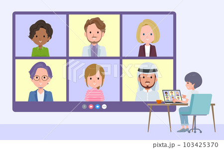 複数人でビデオチャットをしているTシャツマッシュヘア女性のセット 複数人でビデオチャットをしているTシャツマッシュヘア女性のセット 103425370