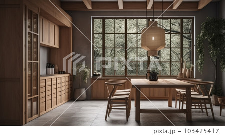 Modern kitchen and dining area japandi style. Natural wood floor, kitchen facades, dining table and chairs, wicker lampshades, plants. Large panoramic windows with garden view. 103425417