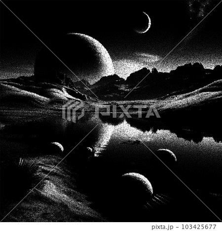 Alien planet landscape in retro dotwork style. Planets and satellites over unknown planet in space. Sci-fi world landscape beyond our galaxy. 103425677