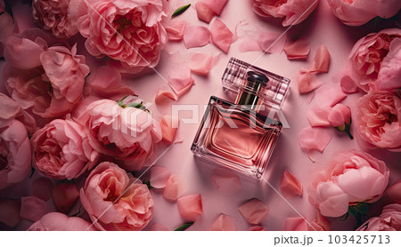 Bottle of luxury perfume surrounded by peonies, top view 103425713