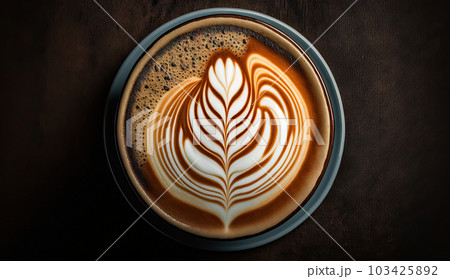 Coffee latte with creamy and foam in cup and latte art shape on dark wooden table, with coffee beans decoration, calm and relax coffee, relaxation time, hot beverage, with Generative AI. 103425892