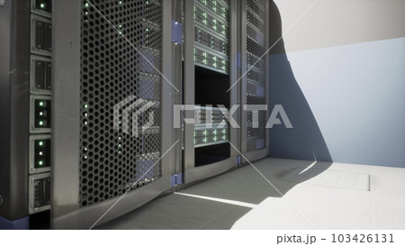 Server room with active rows of supercomputers 103426131