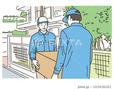 複数の男性作業員達が段ボールを運ぶシーン 103426261