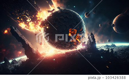 Planet Destroyed in the space surrounding with stars, flares, asteroids, cosmic background, Apocalypse explosion star, death planet scene, with Generative Ai. 103426388