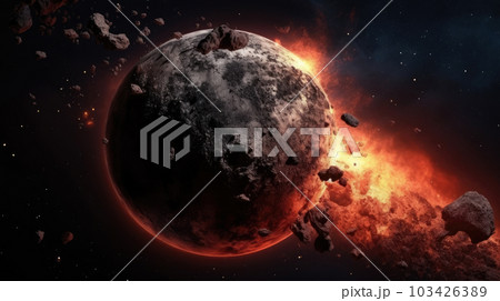 Planet Destroyed in the space surrounding with stars, flares, asteroids, cosmic background, Apocalypse explosion star, death planet scene, with Generative Ai. 103426389