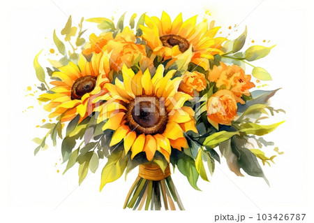 Sunny Sunflower Bouquet watercolor illustration. Sunny Sunflower Bouquet watercolor illustration. 103426787