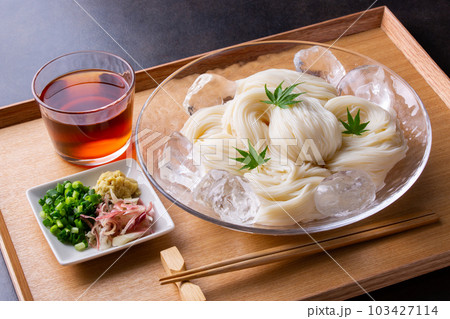 ガラスの器に盛った冷たいそうめん ガラスの器に盛った冷たいそうめん 103427114