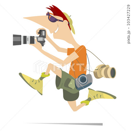Running young photographer.  Running young man with a camera making photo. Isolated on white background 103427229