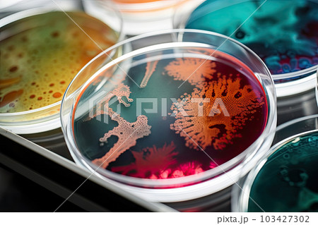Colorful variety of microorganism inside petri dish plate in laboratory with super macro zoom background, including of bacteria, protozoa, algae, and fungi, with Generative AI. Colorful variety of microorganism inside petri dish plate in laboratory with super macro zoom background, including of bacteria, protozoa, algae, and fungi, with Generative AI. 103427302