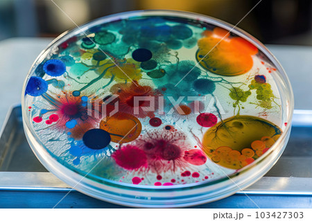 Colorful variety of microorganism inside petri dish plate in laboratory with super macro zoom background, including of bacteria, protozoa, algae, and fungi, with Generative AI. Colorful variety of microorganism inside petri dish plate in laboratory with super macro zoom background, including of bacteria, protozoa, algae, and fungi, with Generative AI. 103427303