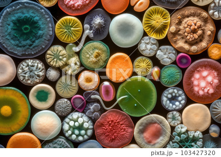 Colorful variety of microorganism inside petri dish plate in laboratory with super macro zoom background, including of bacteria, protozoa, algae, and fungi, with Generative AI. Colorful variety of microorganism inside petri dish plate in laboratory with super macro zoom background, including of bacteria, protozoa, algae, and fungi, with Generative AI. 103427320
