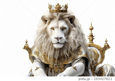 The Royal White lion with luxury dress costume. Close up Portrait King lion with throne and crown isolated on white background. Generative AI. 103427621