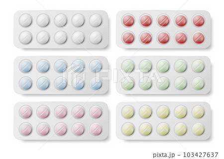 Vector Realistic Round Pharmaceutical Medical Pills, Vitamins, Capsule in Blister Set Closeup Isolated. Pills Design Template, Collection. Front, Top View. Medicine, Health Concept 103427637