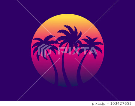 Three palm trees at sunset in a futuristic retro style. Summer time. Silhouettes of palm trees against the background of a gradient sunset. Design for banner, poster and print. Vector illustration 103427653