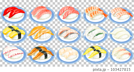 Illustration set of nigiri sushi on a plate Sushi Illustration set of nigiri sushi on a plate Sushi 103427815