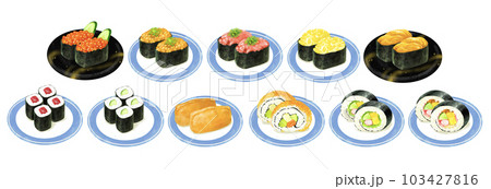 お皿に乗った寿司のイラストセット　軍艦　巻き寿司 103427816