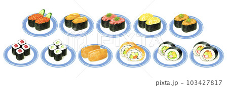 お皿に乗った寿司のイラストセット　軍艦　巻き寿司 103427817
