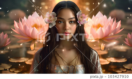 蓮の花の前で瞑想する若い女性【AI生成画像】 103427910