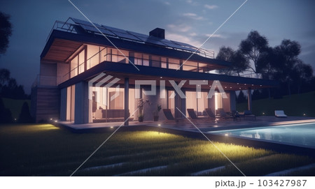 A modern two-story cottage in a minimalist style with solar panels on the roof. Panoramic windows, spacious terrace. Swimming pool and tidy lawn. Soft evening light. A modern two-story cottage in a minimalist style with solar panels on the roof. Panoramic windows, spacious terrace. Swimming pool and tidy lawn. Soft evening light. 103427987