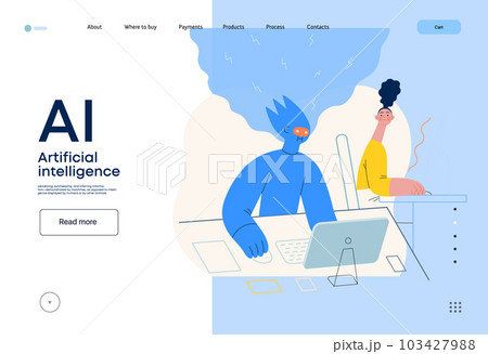 Artificial intelligence, office work -modern flat vector concept illustration of AI effectively working at the desk and surprised human. Metaphor of AI advantage, superiority and dominance concept 103427988