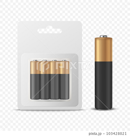 Vector 3d Realistic Four Alkaline Battery in Paper Blister and Single Battery Icon Closeup Set Isolated. AA Size, Vertical Position. Design Template for Branding, Mockup. Vector Illustration Vector 3d Realistic Four Alkaline Battery in Paper Blister and Single Battery Icon Closeup Set Isolated. AA Size, Vertical Position. Design Template for Branding, Mockup. Vector Illustration 103428021