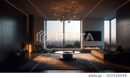 The living room of a modern luxury apartment with leather sofas and an armchair, a bio-fireplace and a huge TV on the wall, panoramic windows with stunning views of the mountains and the sunset sky. The living room of a modern luxury apartment with leather sofas and an armchair, a bio-fireplace and a huge TV on the wall, panoramic windows with stunning views of the mountains and the sunset sky. 103428049