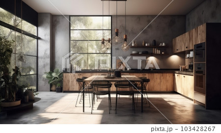 Modern spacious kitchen in a minimalist loft style with a dining area. The combination of concrete and wood, natural colors, large panoramic windows overlooking the garden. Modern spacious kitchen in a minimalist loft style with a dining area. The combination of concrete and wood, natural colors, large panoramic windows overlooking the garden. 103428267