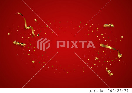 Festive background vector illustration. Elegant colorful wallpaper design. Creative backdrop with golden ribbons, stars and confetti, horizontal red and gold banner with copyspace Festive background vector illustration. Elegant colorful wallpaper design. Creative backdrop with golden ribbons, stars and confetti, horizontal red and gold banner with copyspace 103428477