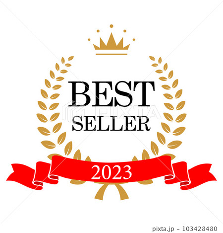 Best seller emblem, badge with wreath of laurel leaves frame, golden crown and 2023 text on red ribbon vector illustration. Bestseller premium label template, trophy for winner with top sales 103428480