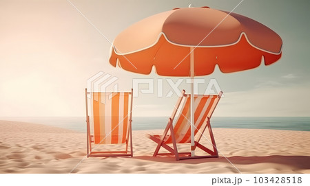 Orange beach umbrella with chairs on the sand beach - summer vacation theme header, neural network generated art 103428518
