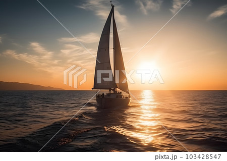Sailing yacht boat on ocean water at sunrise, neural network generated art 103428547